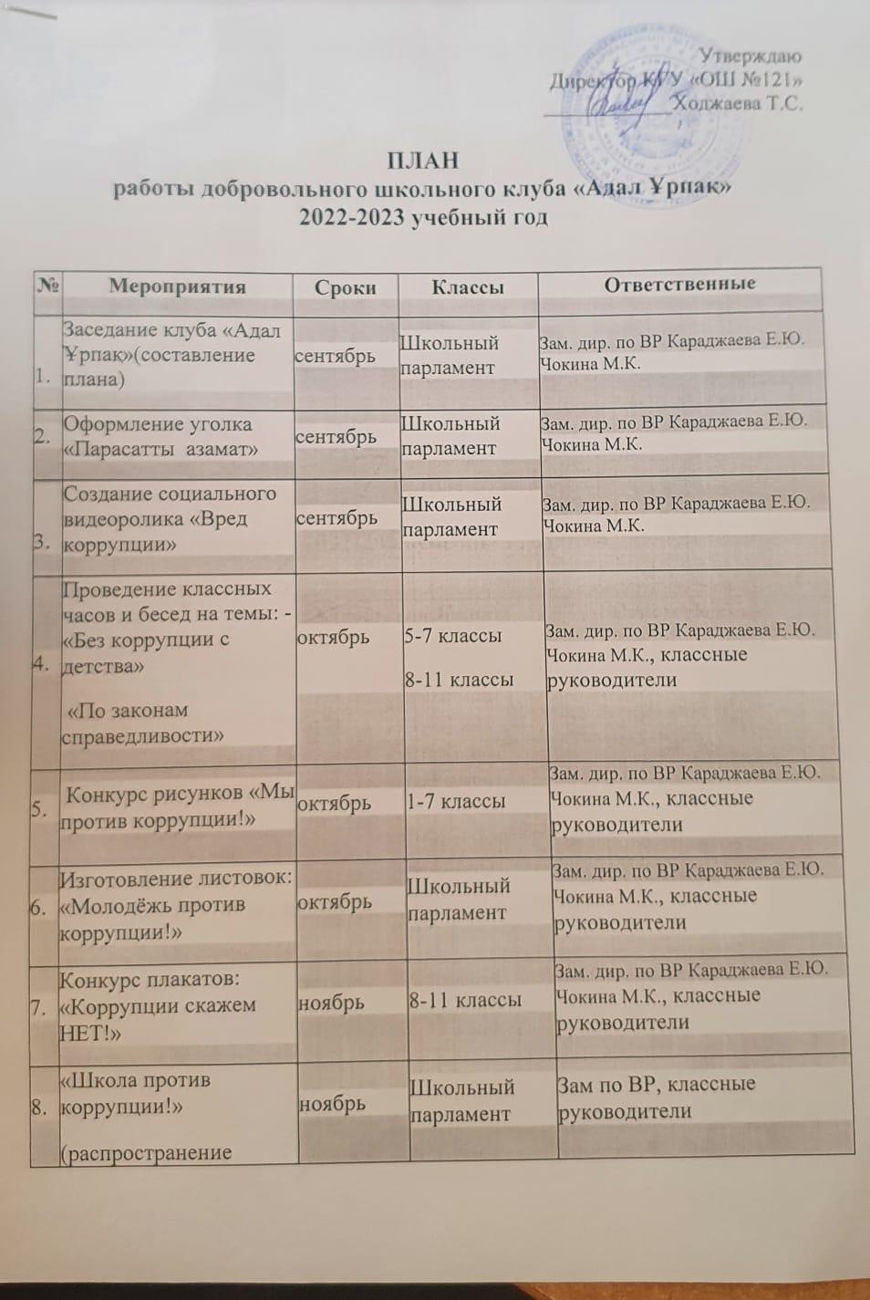 План работы добровольного школьного клуба 