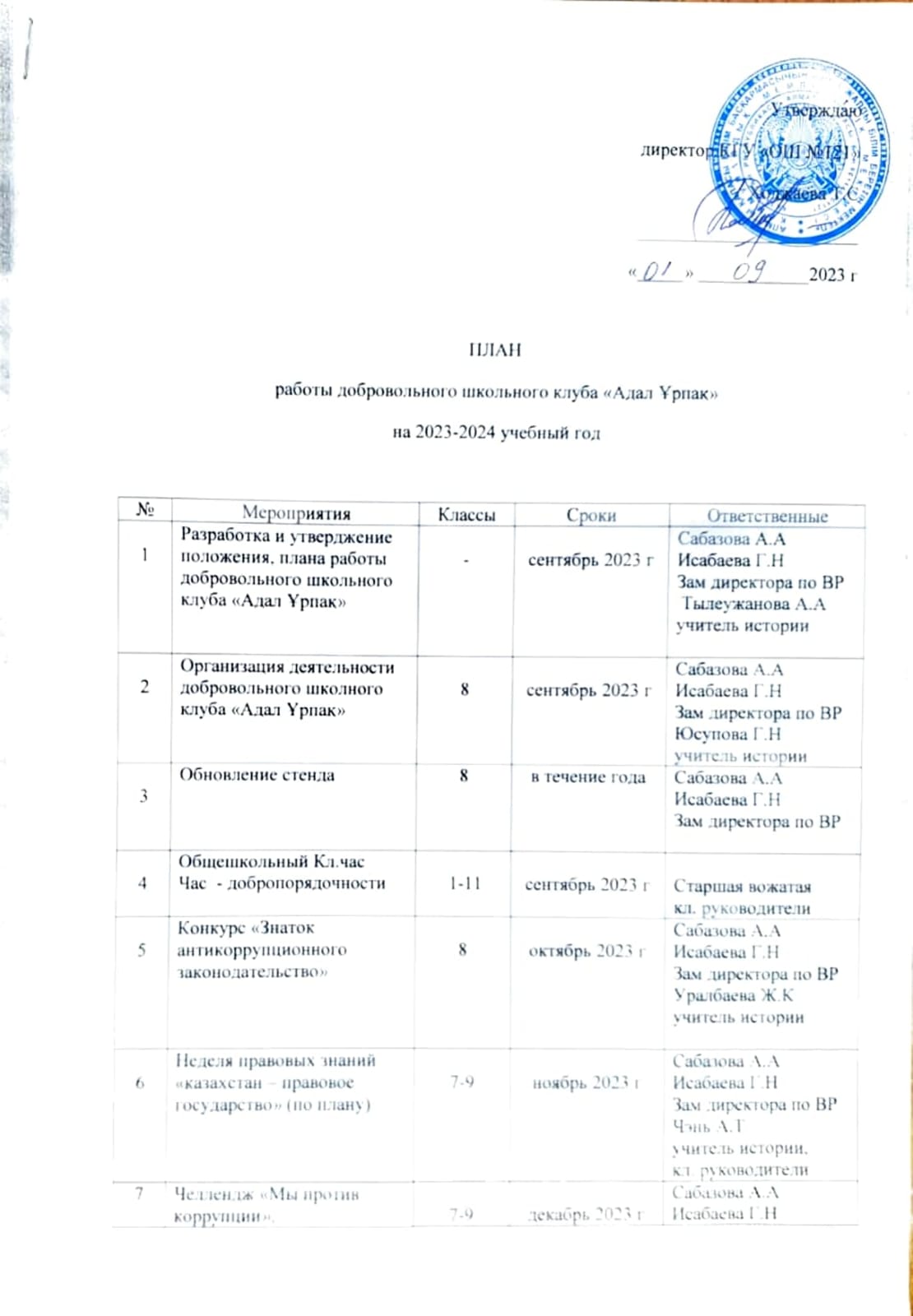 План работы добровольного школьного клуба "Адал ұрпақ" на 2023-2024 учебный год