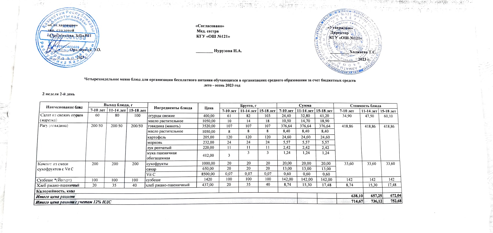 Меню 2-я неделя 2-й день. 2-аптаның 2-і күннің ас мәзірі