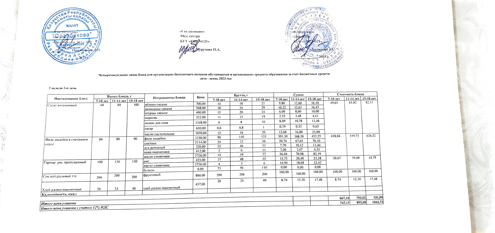 Меню 2-я неделя 3-й день. 2-аптаның 3-і күннің ас мәзірі