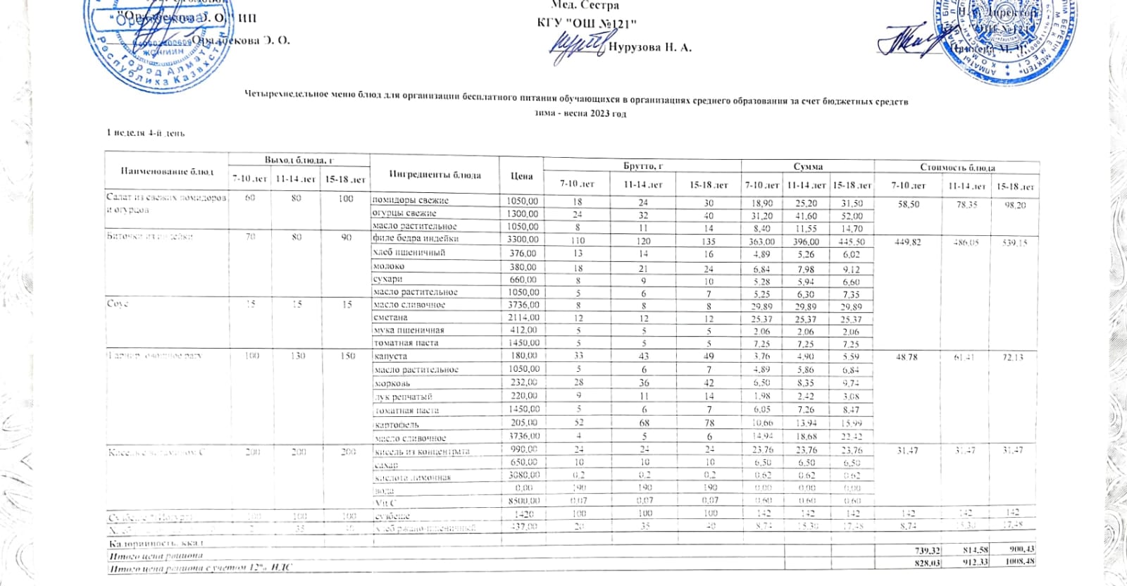 Меню 1-я неделя 4-й день. 1-аптаның 4-і күннің ас мәзірі