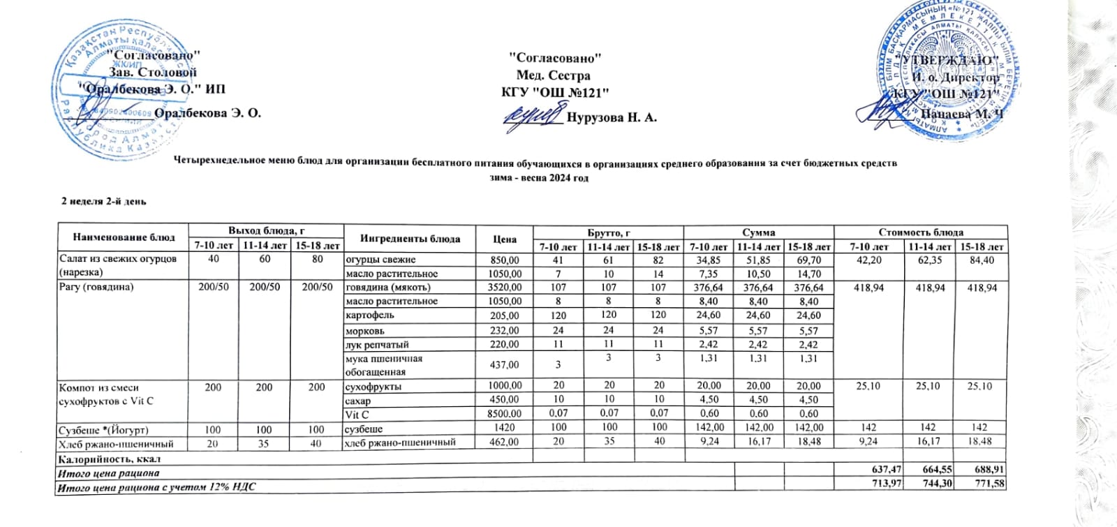 Меню 2-я неделя 2-й день. 2-аптаның 2-і күннің ас мәзірі