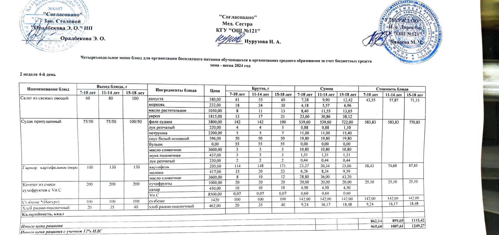 Меню 2-я неделя 4-й день. 2-аптаның 4-і күннің ас мәзірі