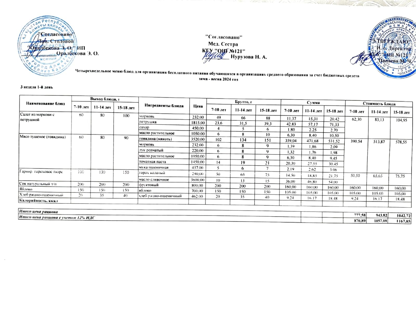 Меню 3-я неделя 1-й день. 3-аптаның 1-і күннің ас мәзір