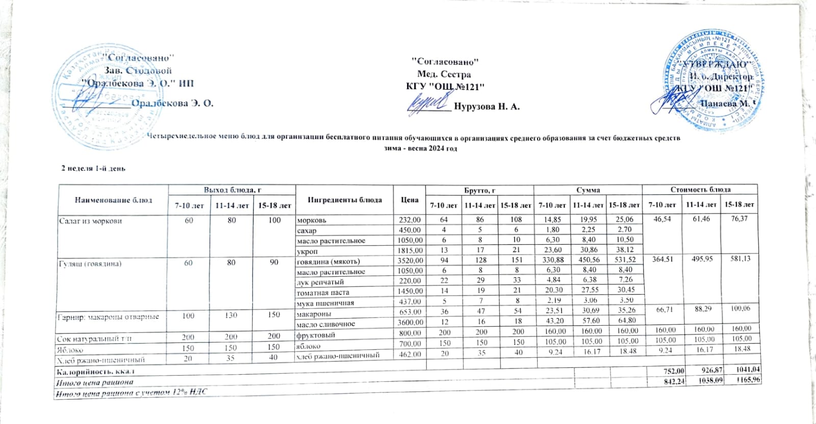 Меню 2-я неделя 1-й день. 2-аптаның 1-і күннің ас мәзірі