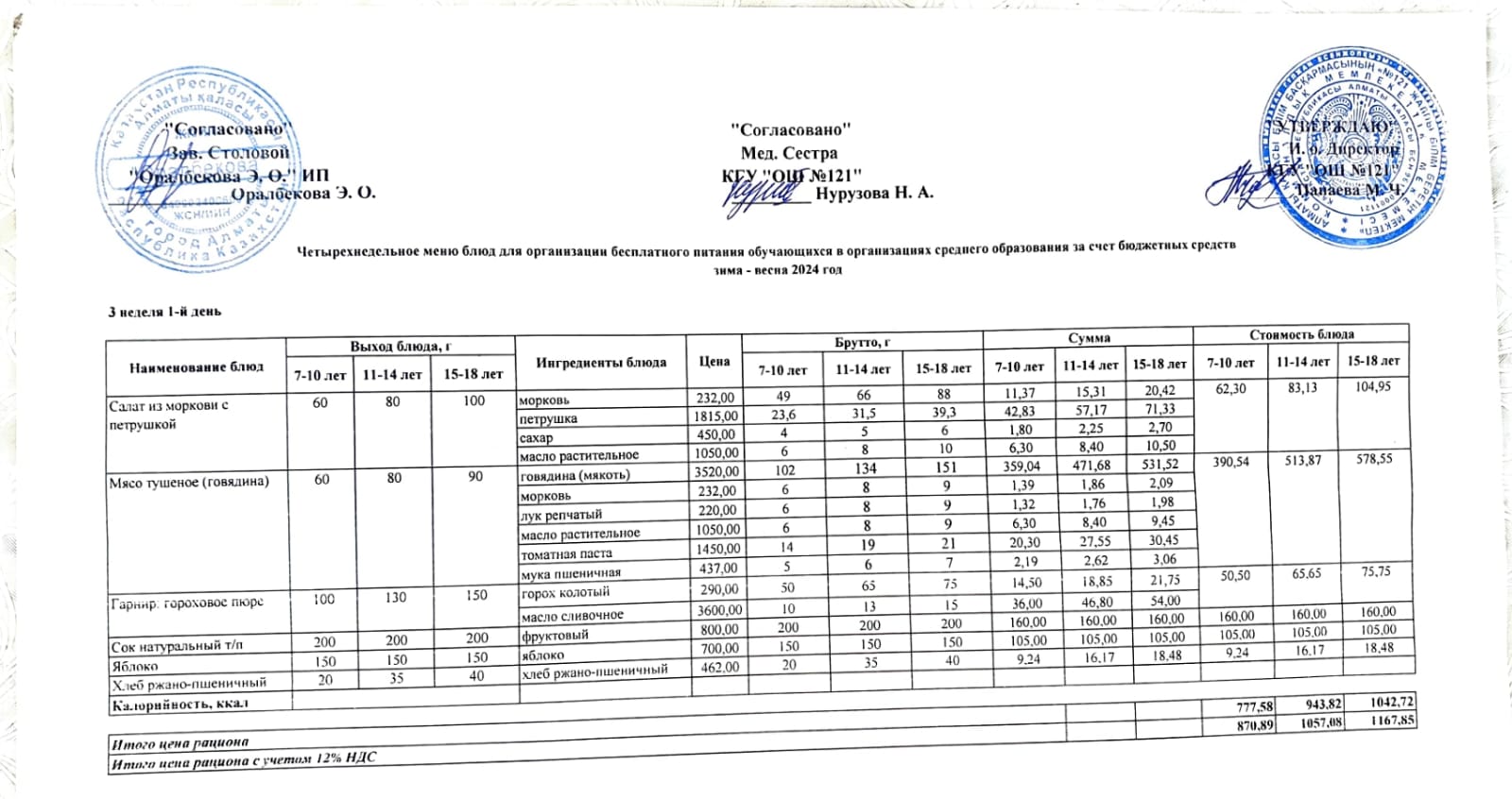 Меню 3-я неделя 2-й день. 3-аптаның 2-і күннің ас мәзірі