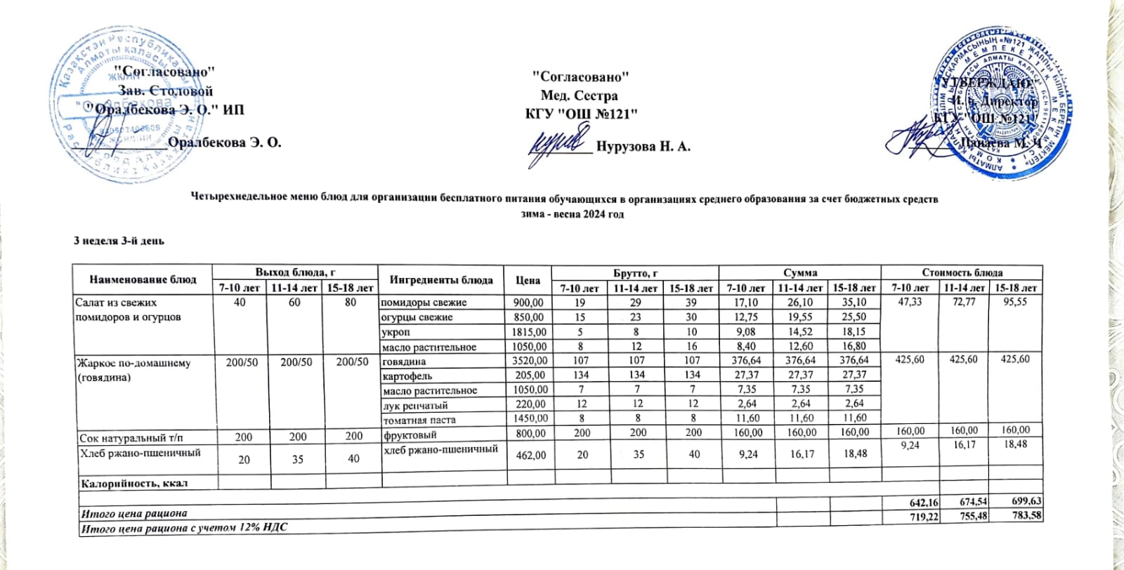 Меню 3-я неделя 3-й день. 3-аптаның 3-і күннің ас мәзірі