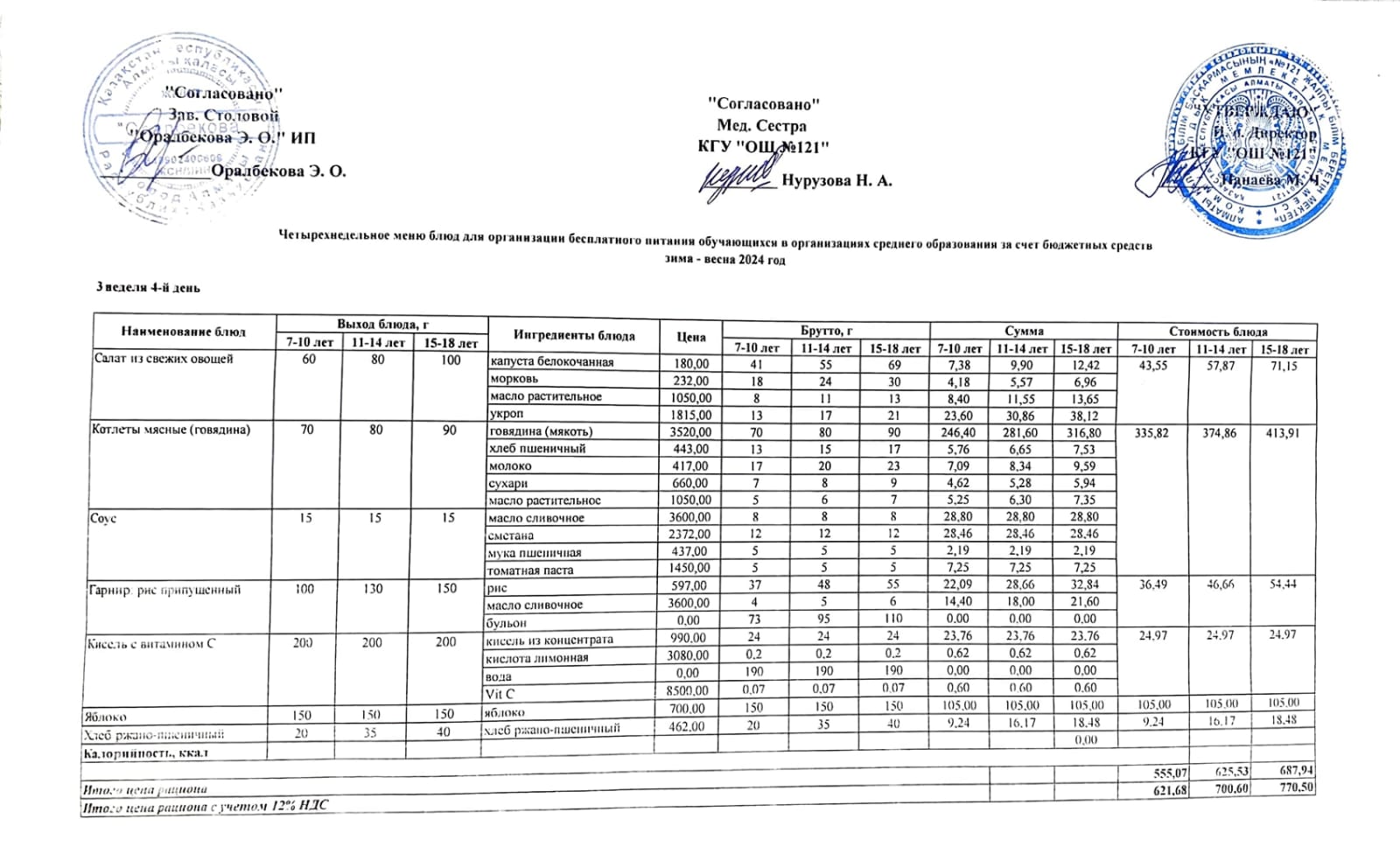 Меню 3-я неделя 4-й день. 3-аптаның 4-і күннің ас мәзірі