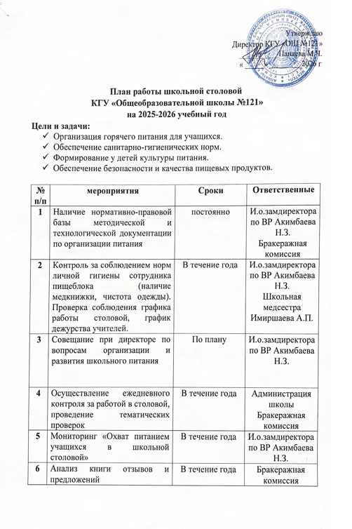 План работы школьной столовой ОШ121 2025-2026 учебный год